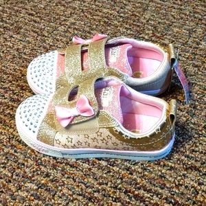 SKECHERS LIGHT UP TOE S SPORT CRYSTAL STARS GOLD N PINK SPARKLE